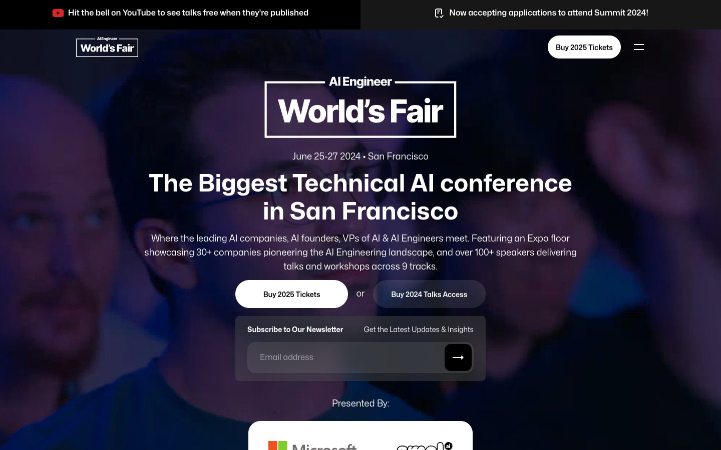 The public Forge-routed World's Fair 2024 page with its intended dark hero, typography, navigation, background image, and controls.
